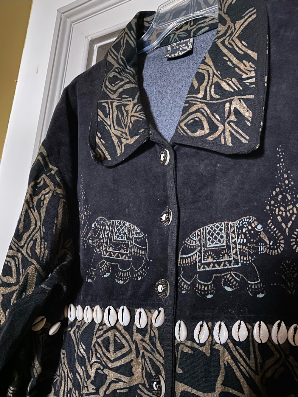 Boho Embroidered Elephant Jacket with Shell Trim - Black/Tan